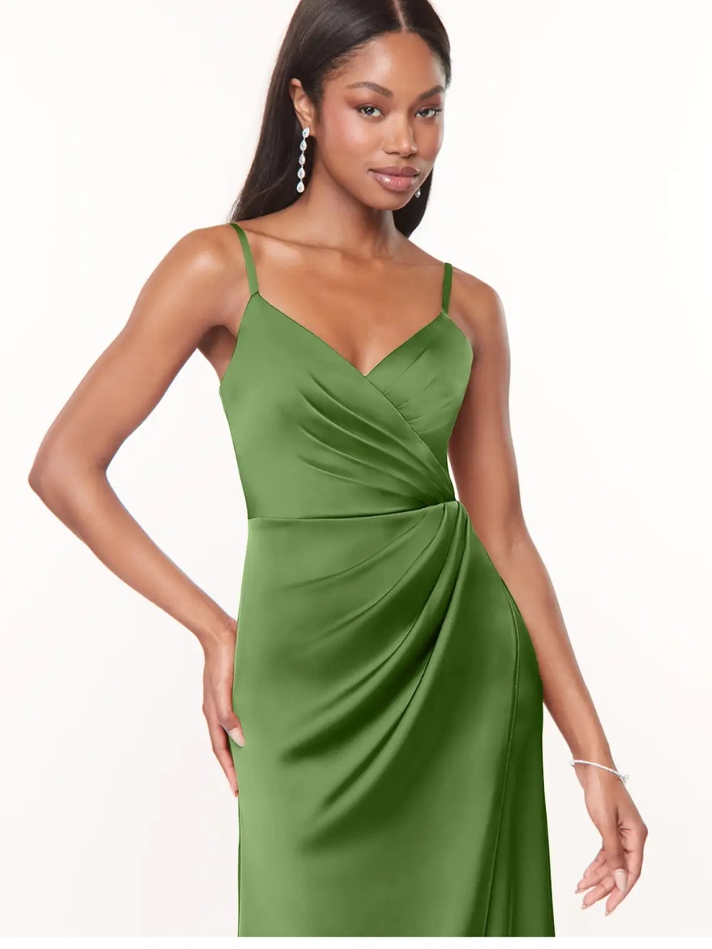 Azazie Maci Basil A-Line V-Neck Pleated Stretch Satin Dress